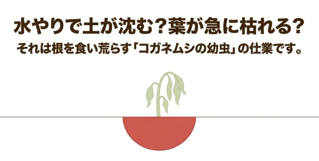 水やりで土が沈む、葉が急に枯れるのはコガネムシの幼虫による食害のサイン