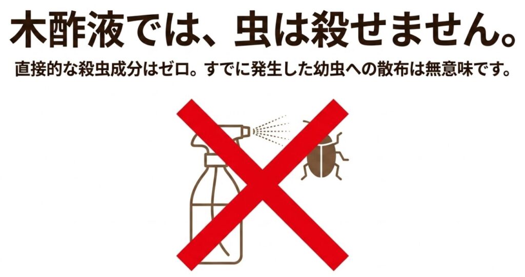 木酢液には直接的な殺虫成分はなく、すでに発生したコガネムシの幼虫を殺すことはできない