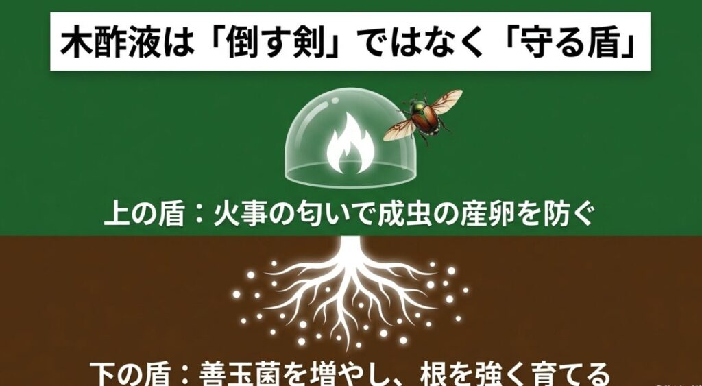 木酢液の効果：火事の匂いで成虫の産卵を防ぎ、善玉菌を増やして根を強く育てる守る盾