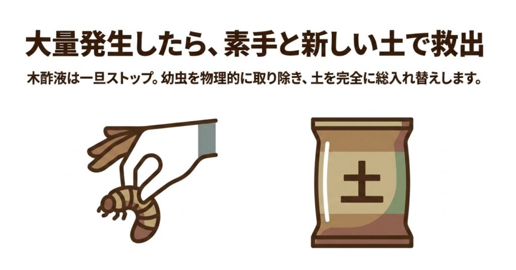 コガネムシの幼虫が大量発生したら木酢液をストップし、物理的に取り除いて新しい土と総入れ替えする