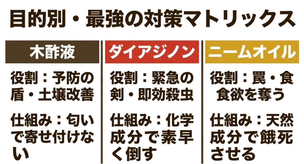 目的別の対策マトリックス：木酢液は予防の盾、ダイアジノンは緊急の剣、ニームオイルは食欲を奪う罠