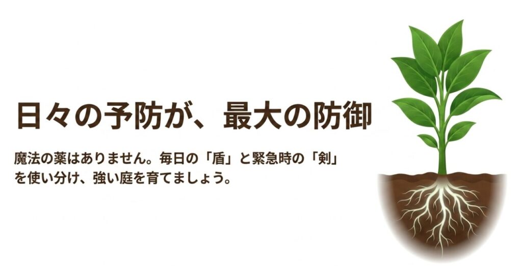 日々の予防が最大の防御：魔法の薬はないため、毎日の盾と緊急時の剣を使い分けて強い庭を育てる