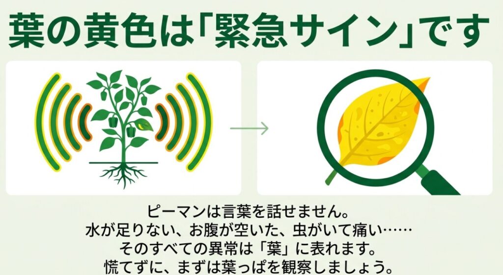 虫眼鏡で黄色くなったピーマンの葉を観察しているイラスト。葉の黄色はピーマンからの緊急サインであることを示しています。