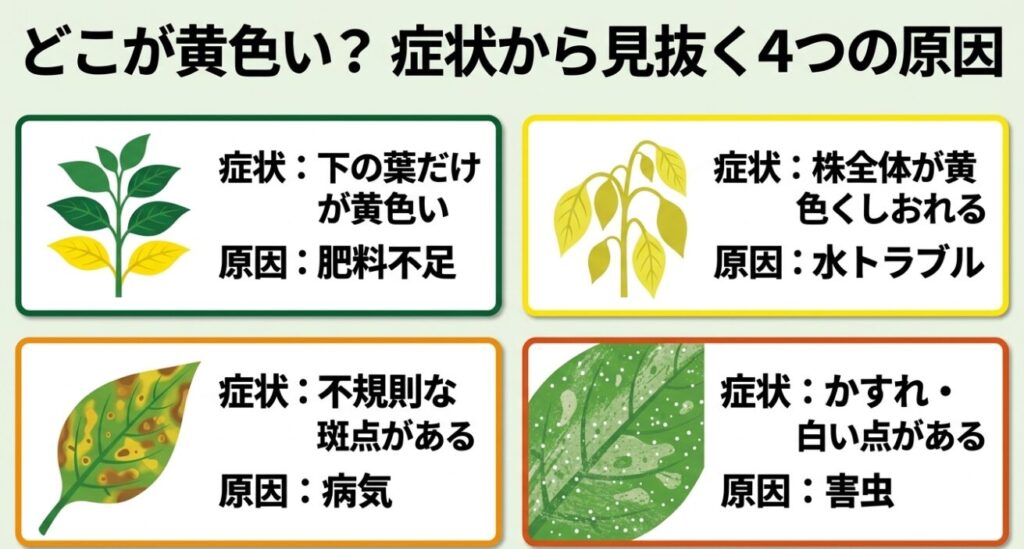 肥料不足、水トラブル、病気、害虫といった、ピーマンの葉が黄色くなる4つの原因と症状を見分ける図解