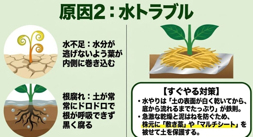 ピーマンの水不足や根腐れによる症状と、水やりの基本や敷き藁を使ったすぐやる対策の解説