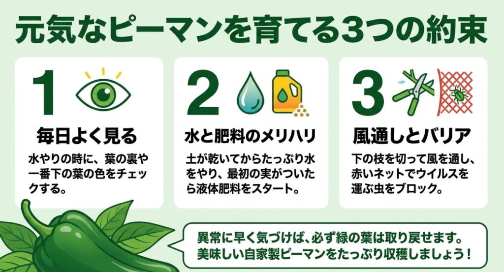 元気なピーマンを育てるための3つの約束（毎日よく見る、水と肥料のメリハリ、風通しとバリア）のまとめイラスト