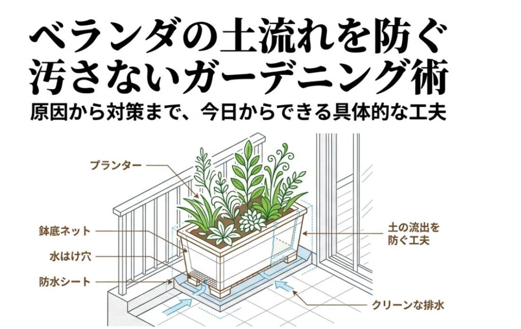 ベランダの土流出を防ぐプランター、防水シート、鉢底ネットを組み合わせたクリーンな排水の仕組み