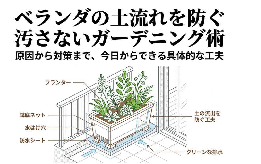 ベランダの土流出を防ぐプランター、防水シート、鉢底ネットを組み合わせたクリーンな排水の仕組み