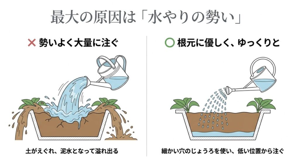 勢いよく大量に注いで泥水が溢れる様子と、細かい穴のじょうろで低い位置から優しく水やりをする比較