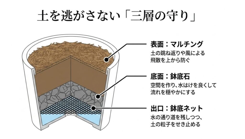 表面のマルチング、底面の鉢底石、出口の鉢底ネットで土の流出を防ぐプランターの三層構造