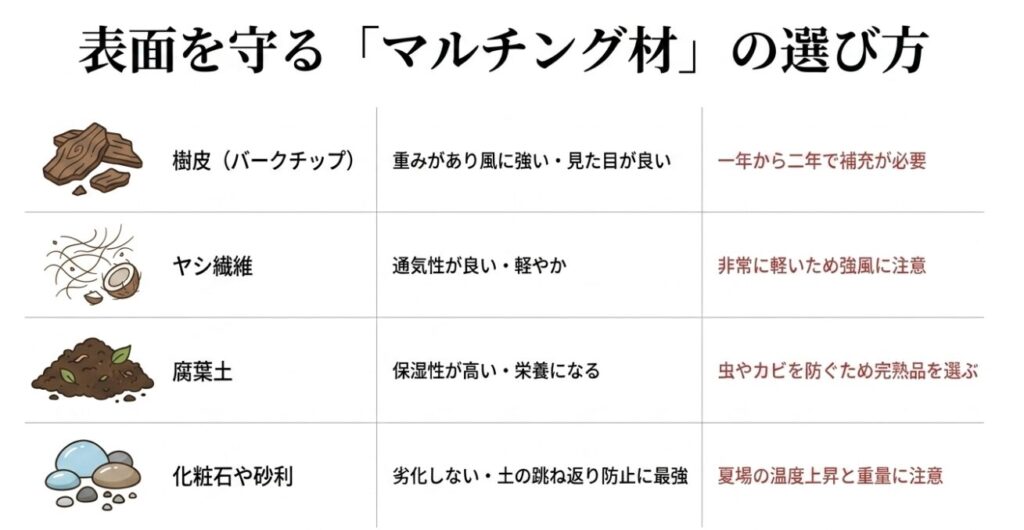 バークチップ、ヤシ繊維、腐葉土、化粧石の特徴とメリット・デメリットを比較した表
