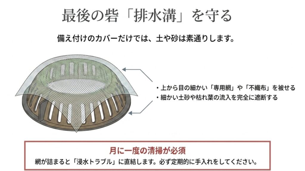 ベランダ備え付けの排水溝カバーの上から目の細かい専用網を被せ、土砂や枯れ葉を遮断する仕組み