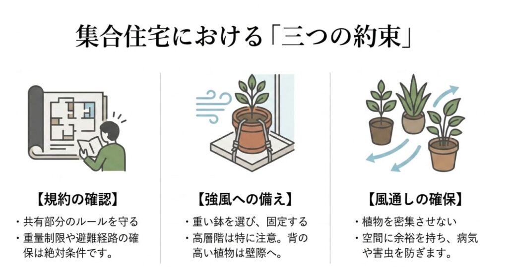 マンションの規約確認、重い鉢を固定する強風への備え、植物を密集させない風通しの確保
