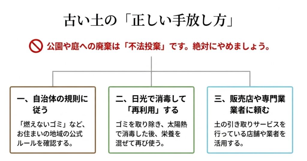 古い土を自治体の規則に従って処分する、日光で消毒して再利用する、販売店や業者に頼むという3つの選択肢