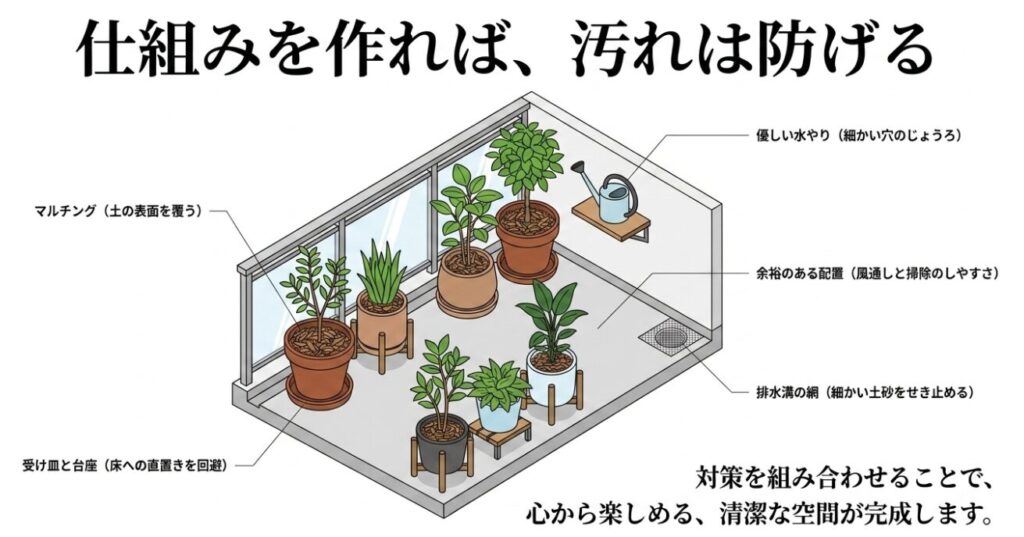 優しい水やり、マルチング、余裕のある配置、受け皿と台座、排水溝の網を組み合わせた清潔なベランダ空間