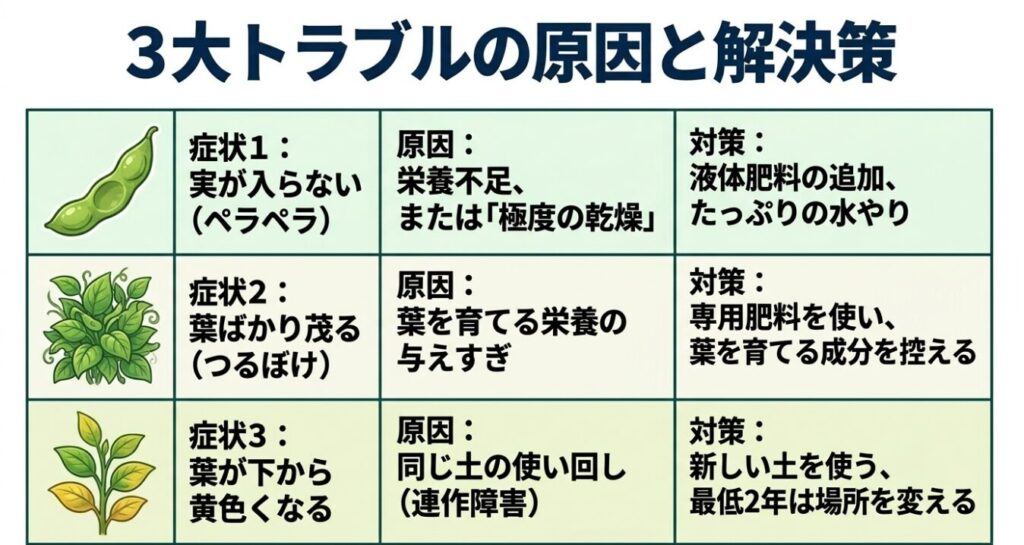 実が入らない、葉ばかり茂る、葉が下から黄色くなるという枝豆栽培の3大トラブルとその原因、対策をまとめた表