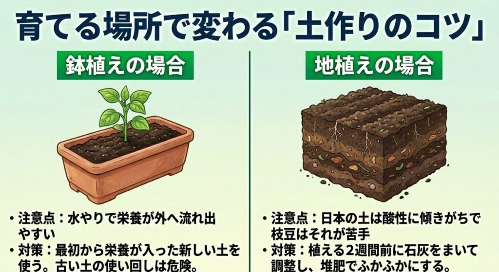 プランターなどの鉢植え栽培と地植え栽培における、肥料の流れ出しや酸度調整といった土作りの注意点と対策