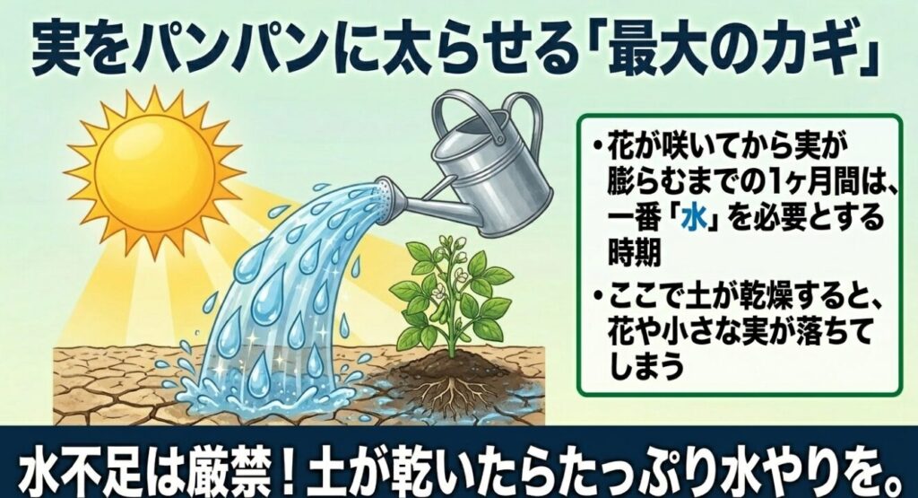 花が咲いてから実が膨らむまでの1ヶ月間は水不足厳禁であり、たっぷりの水やりが必要であることを示すイラスト