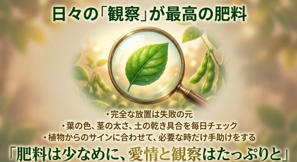 葉の色、茎の太さ、土の乾き具合を毎日チェックし、植物のサインに合わせて手助けすることの重要性