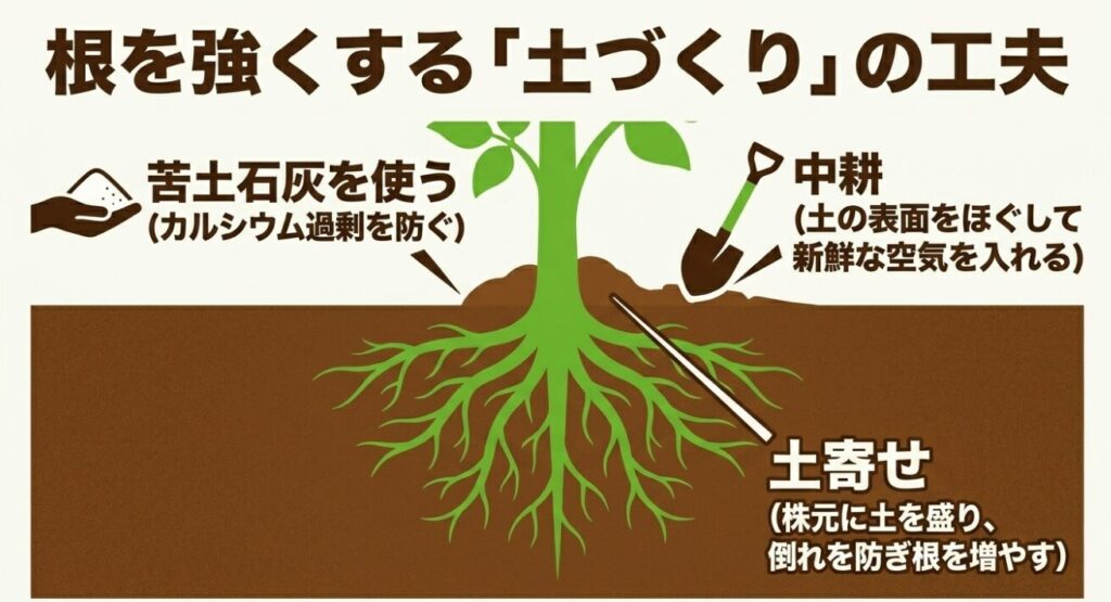 根を強くする土づくりの工夫。カルシウム過剰を防ぐ苦土石灰の使用、新鮮な空気を入れる中耕、倒れを防ぎ根を増やす土寄せ。