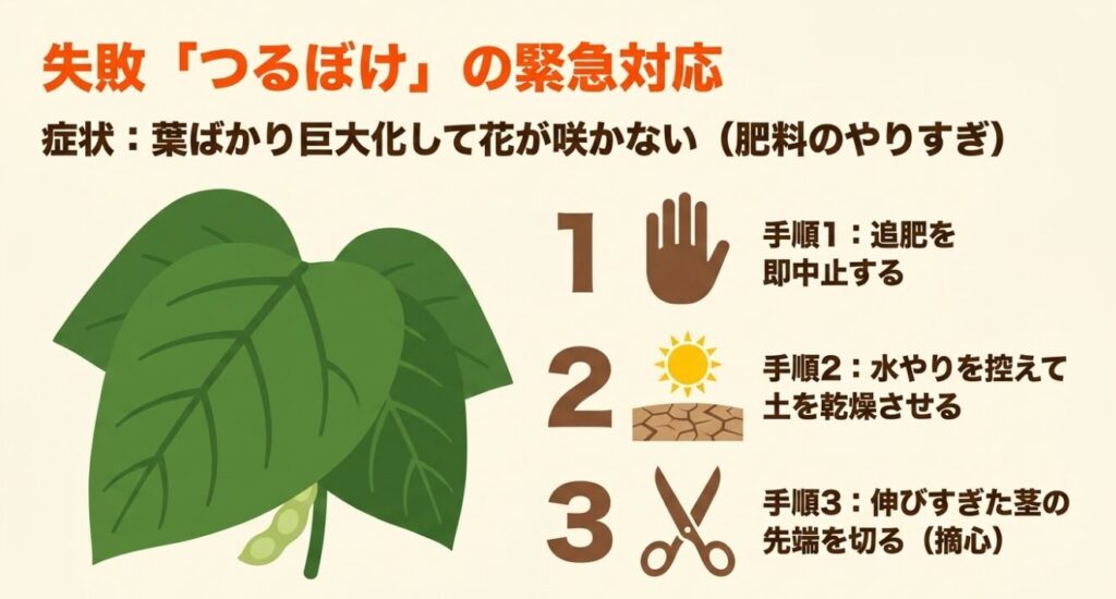 肥料のやりすぎによる「つるぼけ」の緊急対応。追肥を即中止し、水やりを控えて土を乾燥させ、伸びすぎた茎の先端を切る摘心を行う3つの手順。
