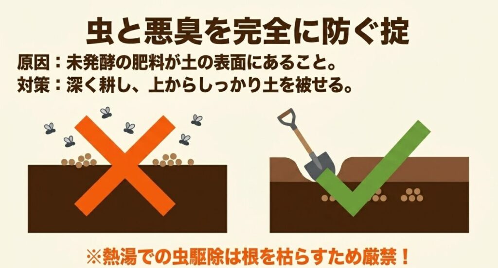 虫と悪臭を完全に防ぐ掟。未発酵の肥料が土の表面にあることが原因のため、深く耕し上からしっかり土を被せる対策を行う。※熱湯での虫駆除は厳禁。