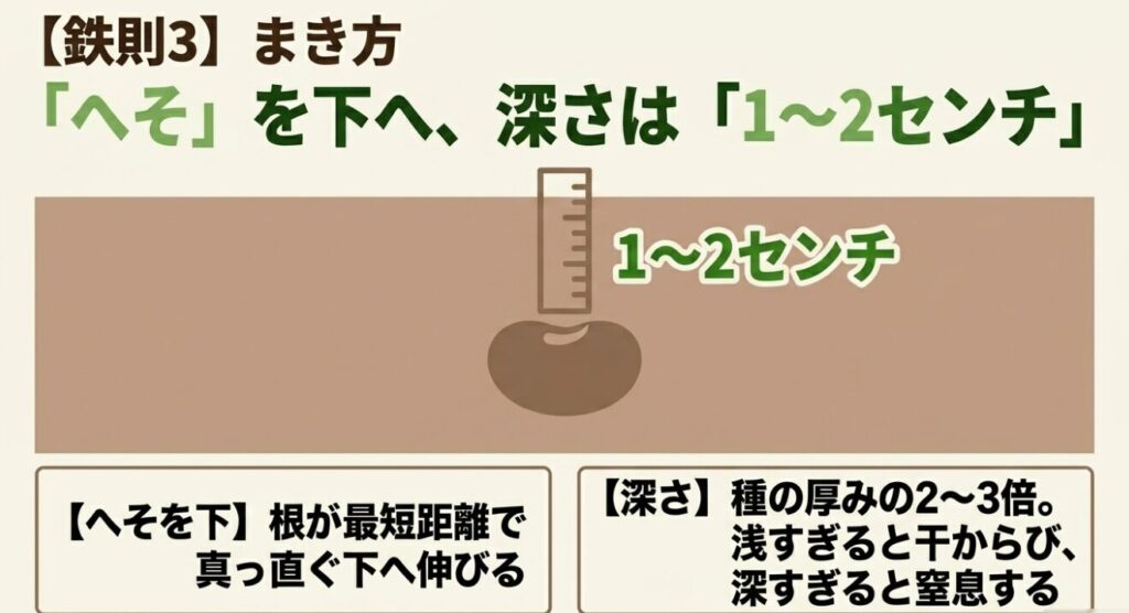 枝豆の種のまき方（へそを下向き・深さ1～2センチ）