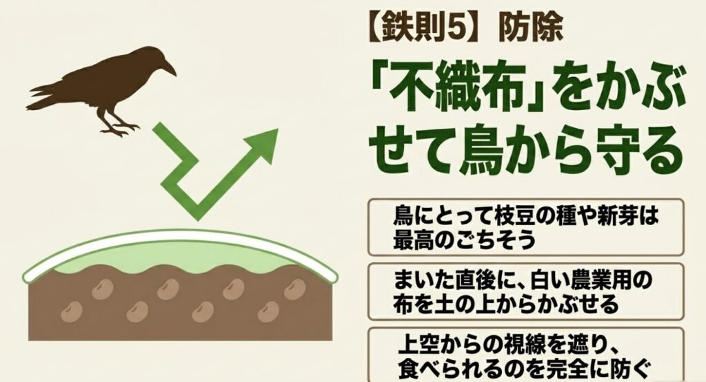 枝豆を鳥の被害から守る不織布を使った防除策