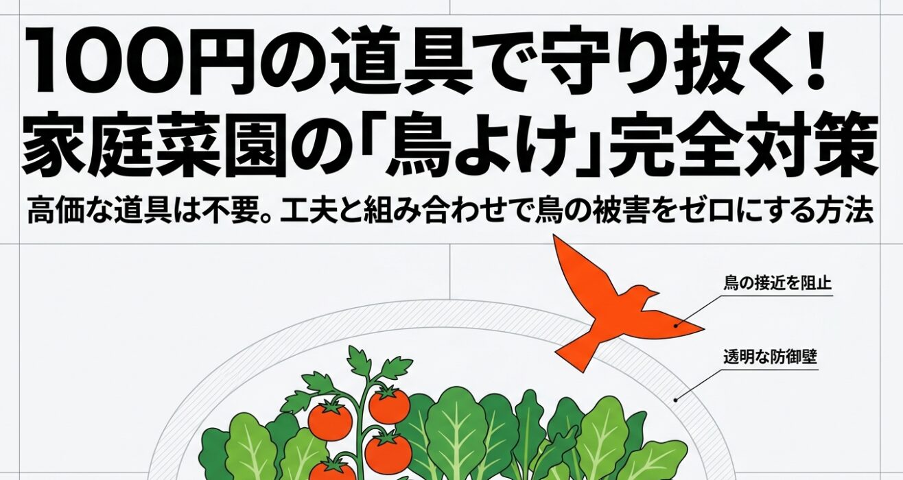 100均の防鳥ネットやペットボトル、ホログラムテープを組み合わせた鳥よけ対策のイメージ