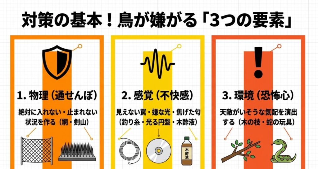 鳥が嫌がる物理的な妨害、感覚的な不快感、環境的な恐怖心の3つの要素