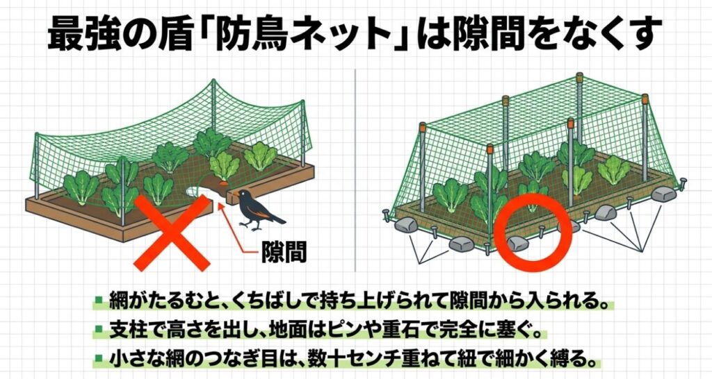 防鳥ネットの隙間から侵入する鳥と、ピンや重石で隙間を塞いだ正しい張り方の比較