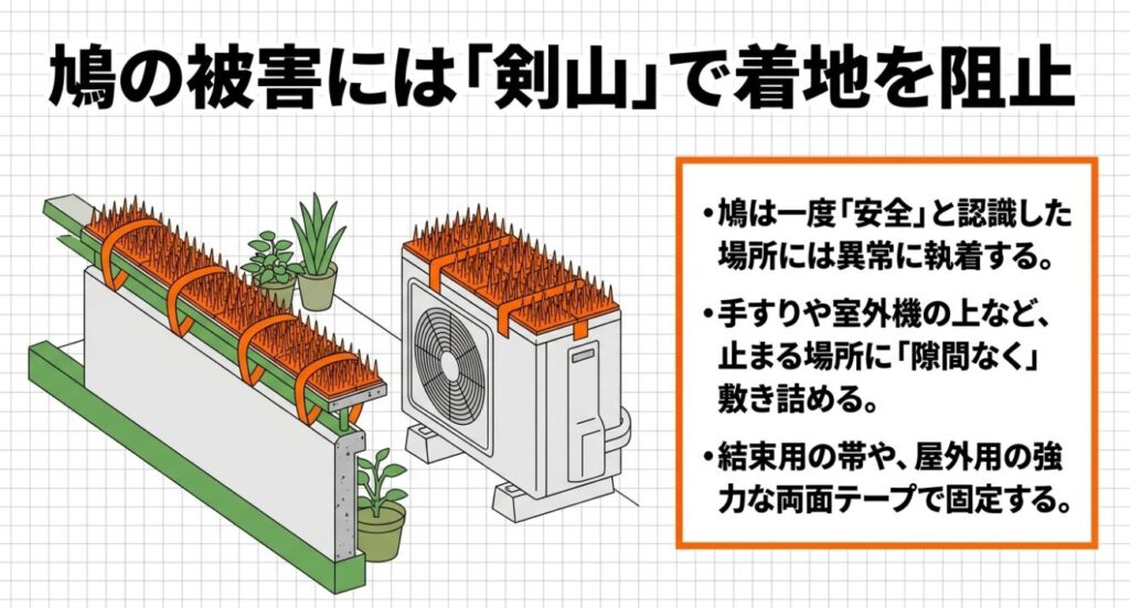 ベランダの手すりや室外機の上に隙間なく敷き詰めた鳩よけ剣山の設置例