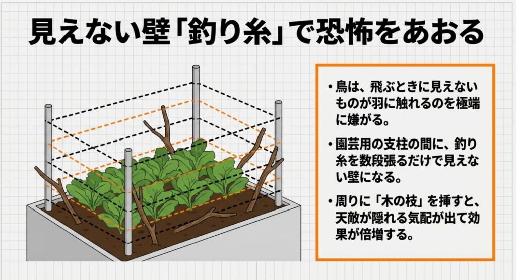 園芸用支柱に張った釣り糸と木の枝を組み合わせた鳥よけ天敵トラップ