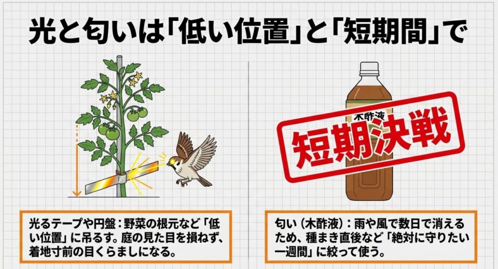 野菜の低い位置に設置した光るテープと、短期決戦に使う木酢液のイメージ