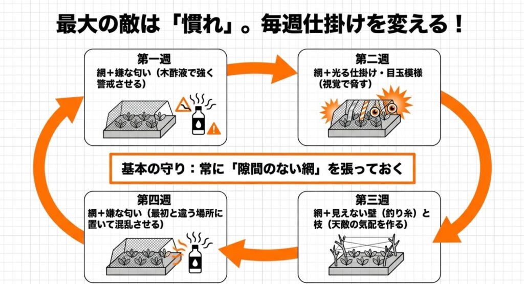 網や木酢液、見えない壁などを毎週入れ替えて鳥の慣れを防ぐローテーション術