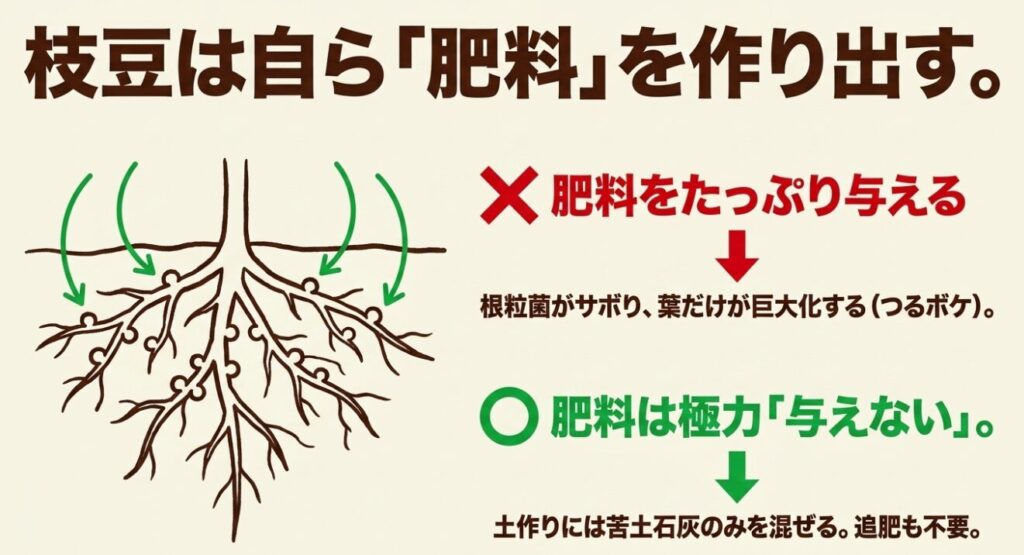 枝豆の根に共生する根粒菌の働きと、肥料の与えすぎによるつるボケを防ぐための苦土石灰を使った土作り