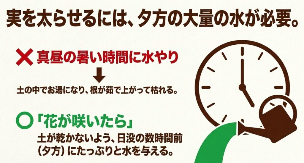 枝豆の実を大きく太らせるために、花が咲いた後は真昼を避け、日没前の夕方にたっぷりと水やりを行う方法