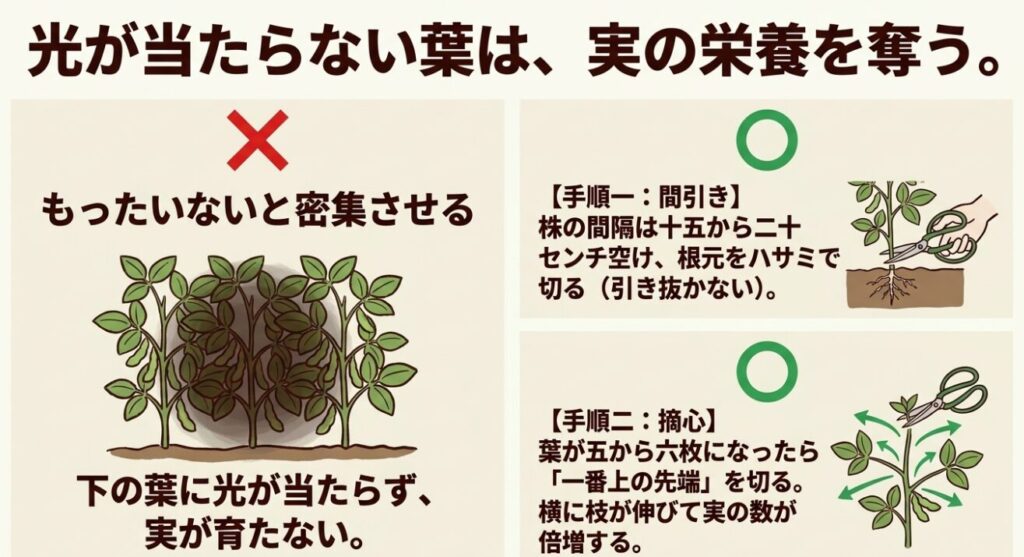 枝豆の日照不足を防ぐための株の間引きと、枝を増やして実の数を倍増させる摘心(先端の切り落とし)の図解