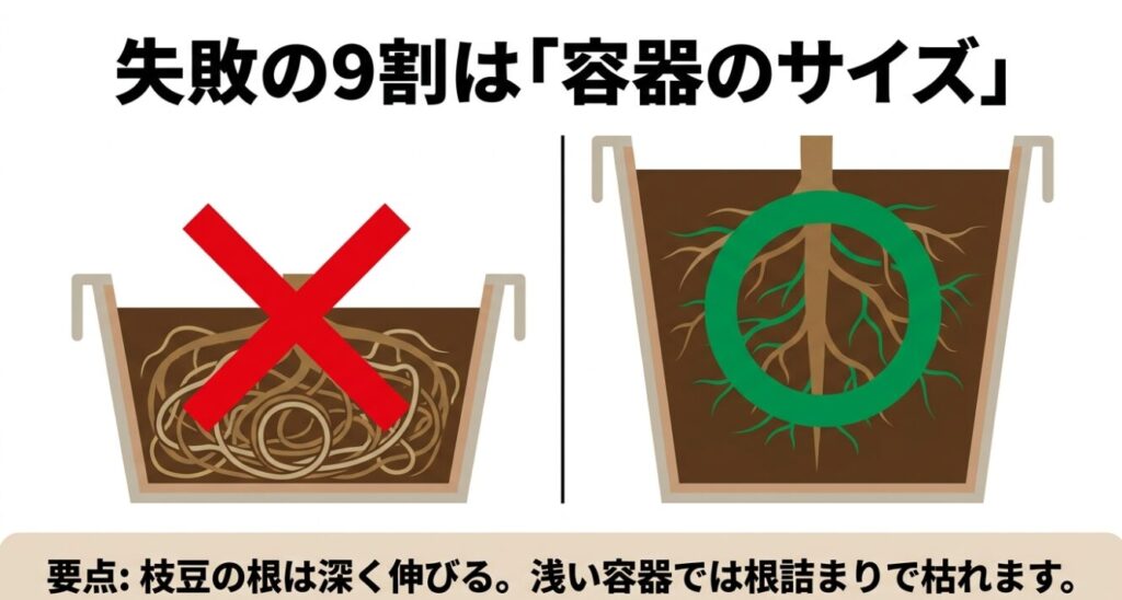枝豆栽培の失敗の9割は容器のサイズ・浅い容器は根詰まりで枯れる原因に