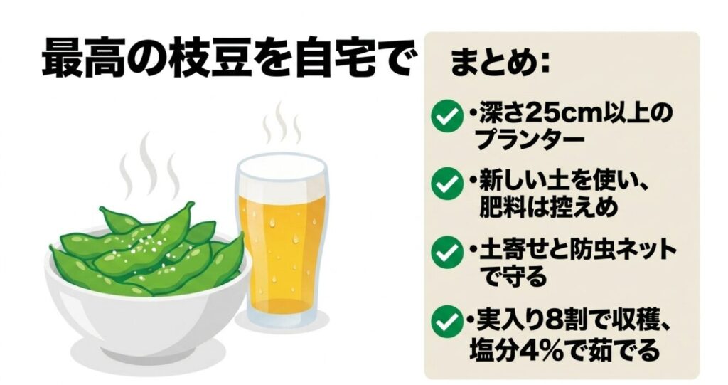 最高の枝豆を自宅で育てるためのプランターサイズや栽培手順のまとめ