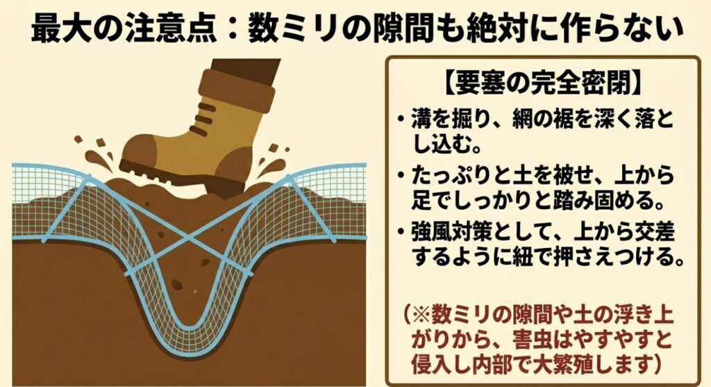 溝を掘って網の裾を深く落とし込み、たっぷりと土を被せて足でしっかりと踏み固める要塞の完全密閉