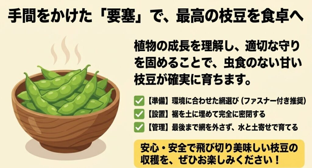 手間をかけた防虫要塞で育ち、お皿に盛られた安心で美味しい茹で枝豆