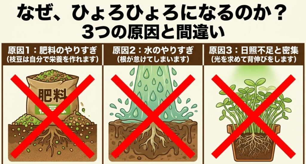 枝豆がひょろひょろになる3つの原因（肥料のやりすぎ・水のやりすぎ・日照不足と密集）