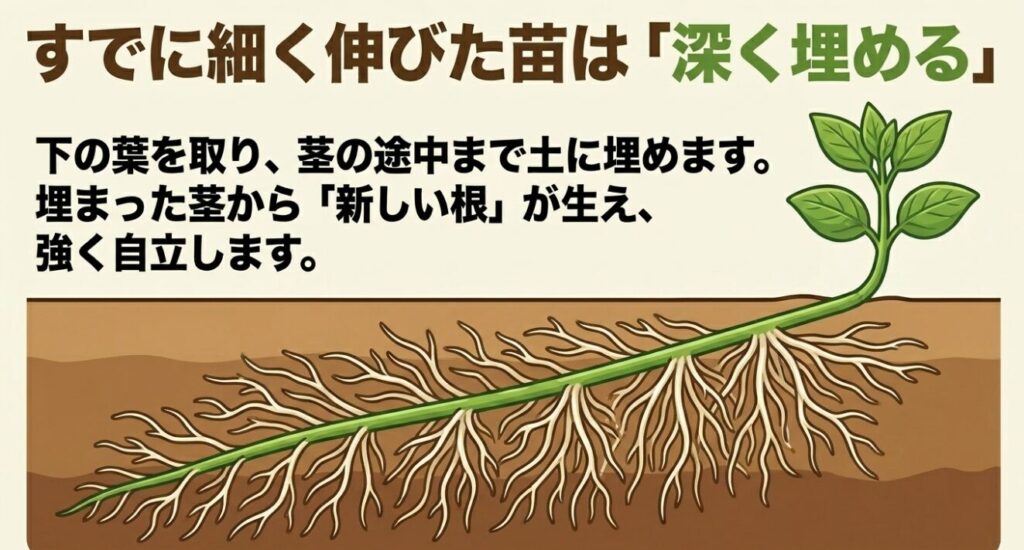 すでに細く伸びた枝豆の苗は下の葉を取り、茎の途中まで深く土に埋めることで新しい根を出させる