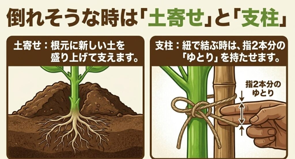 倒れそうな枝豆を支える土寄せと、指2本分のゆとりを持たせた支柱の結び方