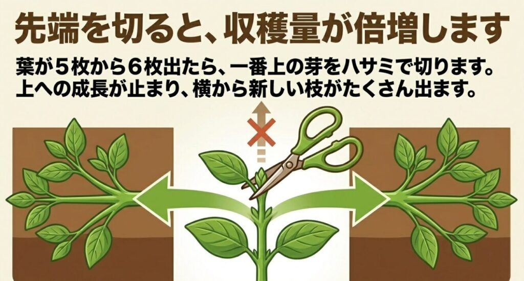 葉が5〜6枚出たら一番上の芽をハサミで切る摘心を行うと、横から新しい枝が出て収穫量が倍増する