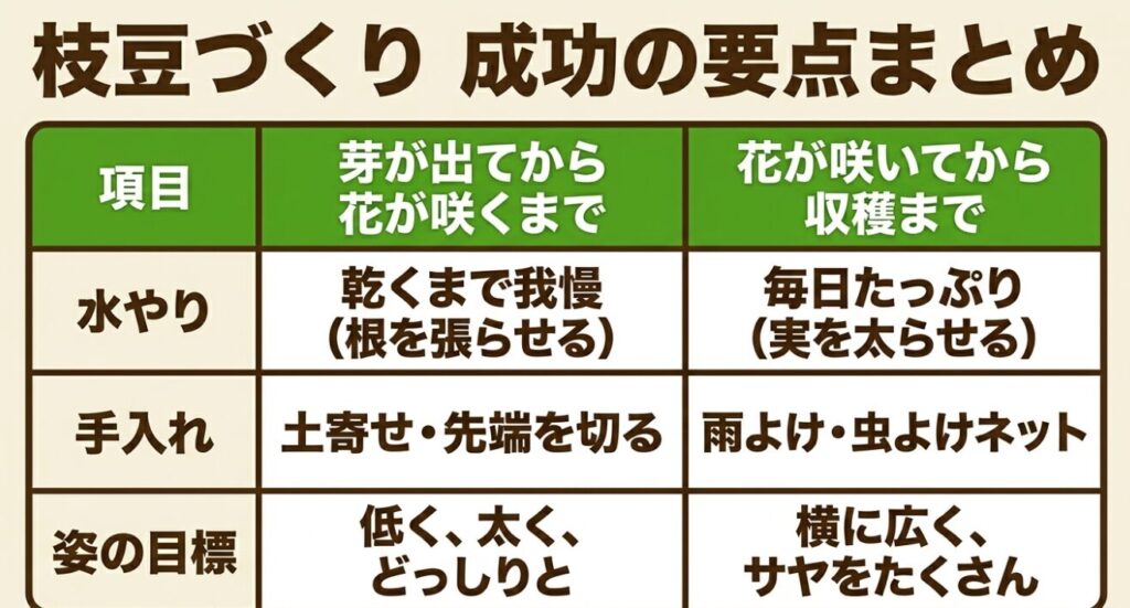 枝豆づくり成功の要点まとめ表（芽が出てから花が咲くまでは水やりを我慢し土寄せや摘心を行う。花が咲いてからは水をたっぷり与え雨よけや虫よけを行う）