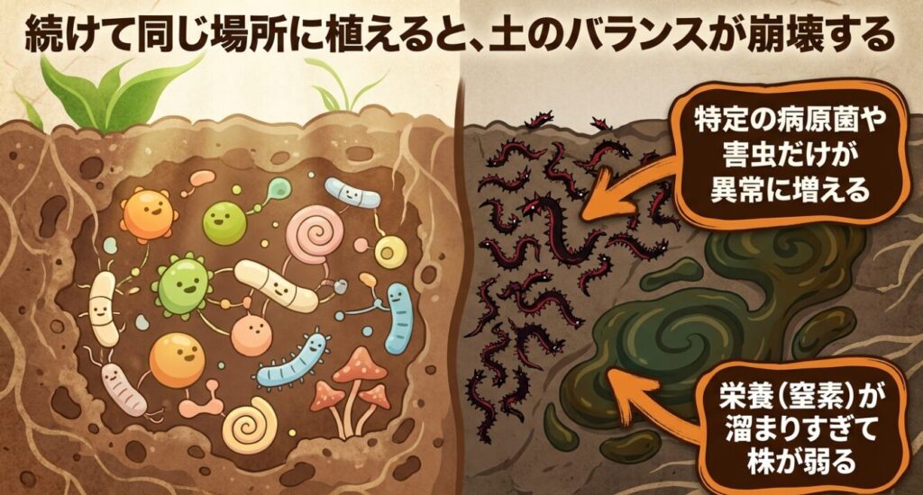 連作障害によって病原菌や害虫が異常に増え、窒素が溜まりすぎて株が弱る仕組みを解説した図解
