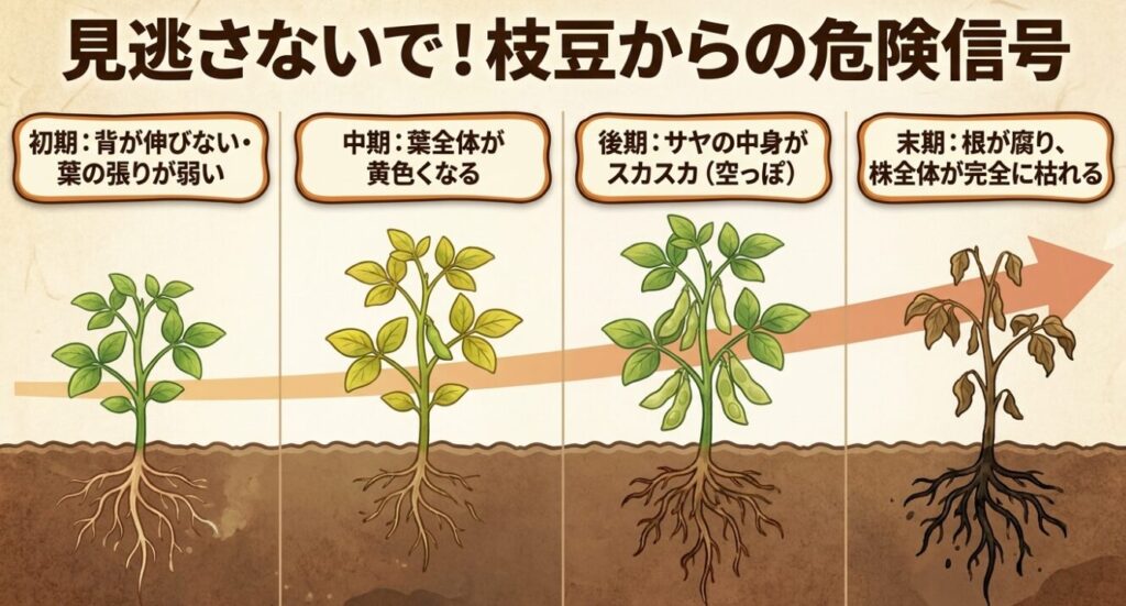 枝豆の連作障害の進行度合い（初期、中期、後期、末期）と具体的な症状をまとめたスライド