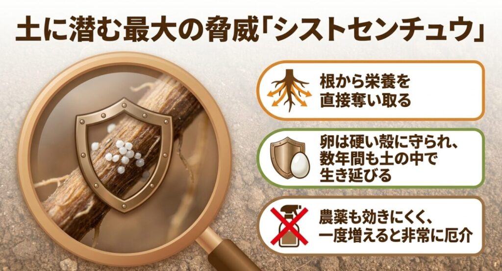 農薬も効きにくく土の中で数年生き延びるダイズシストセンチュウの生態を解説したスライド